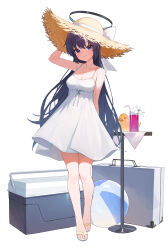 Rule 34 | 1girl, absurdres, alternate costume, arm up, ball, bare legs, beachball, blue archive, blush, breasts, cleavage, collarbone, cooler, dress, drink, drinking straw, full body, halo, hat, highres, huhi (huhi 1211), long hair, looking at viewer, medium breasts, purple eyes, purple hair, rubber duck, simple background, sleeveless, sleeveless dress, smile, solo, straight hair, straw hat, sundress, toenails, very long hair, white background, white dress, white footwear, yuuka (blue archive)