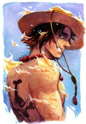 Rule 34 | 1boy, attyattlaw, back, black hair, body freckles, fire, freckles, gouache (medium), hat, highres, jewelry, looking at viewer, looking back, male focus, necklace, one piece, orange hat, painting (medium), pearl necklace, portgas d. ace, short hair, sky, smile, solo, topless male, traditional media, upper body