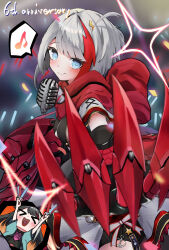 Rule 34 | &gt; &lt;, 2girls, absurdres, admiral graf spee (azur lane), admiral graf spee (world&#039;s cutest) (azur lane), anchor ornament, anniversary, armored gloves, arms up, azur lane, black hair, blue eyes, blush, breasts, cheering, claws, commentary request, deutschland (azur lane), fang, from side, hair ornament, hairpin, happy, highres, holding, holding microphone, long hair, looking at viewer, medium breasts, medium hair, microphone, miniskirt, multicolored hair, multiple girls, musical note, open mouth, reaching, reaching towards viewer, red hair, red scarf, scarf, skirt, smile, solo focus, spoken musical note, stage, streaked hair, thunder, two-tone hair, very long hair, white hair