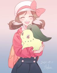 Rule 34 | 1girl, :d, backpack, bad id, bad twitter id, bag, blush, bow, brown hair, buttons, cabbie hat, chikorita, closed eyes, commentary request, creatures (company), dated, facing viewer, game freak, gen 2 pokemon, gradient background, hat, hat bow, highres, holding, holding pokemon, long hair, lyra (pokemon), nintendo, open mouth, orange bag, pokemon, pokemon (creature), pokemon hgss, r.aka., red shirt, shirt, signature, smile, teeth, twintails, upper teeth only, white headwear