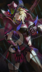 Rule 34 | 10s, 1girl, aged up, black thighhighs, blonde hair, blue eyes, breasts, capelet, carol malus dienheim, claws, cleavage, clothing cutout, cowboy shot, elbow gloves, garter straps, gloves, hat, highres, large breasts, long hair, looking at viewer, parted lips, senki zesshou symphogear, short hair, side cutout, sideboob, skirt, solo, standing, teeth, thighhighs, visqi, wire, witch hat