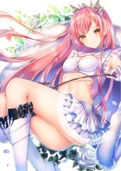 Rule 34 | 1girl, blunt bangs, breasts, cleavage, cleavage cutout, clothing cutout, crown, fate/grand order, fate (series), flower, gloves, highres, long hair, looking at viewer, medb (fate), medium breasts, midriff, navel, pink hair, riding crop, rose, sakofu, skirt, smile, solo, tiara, white gloves, white skirt, yellow eyes