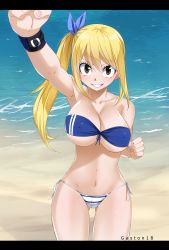 Rule 34 | 1girl, absurdres, armpits, artist name, beach, bikini, blonde hair, breasts, brown eyes, cleavage, collarbone, covered erect nipples, cowboy shot, fairy tail, gaston18, hair between eyes, highres, large breasts, long hair, looking at viewer, lucy heartfilia, navel, sand, side ponytail, solo, standing, stomach, swimsuit, teeth, water, watermark, wristband