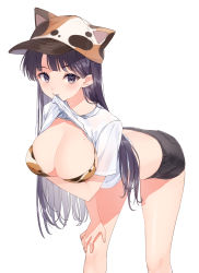 Rule 34 | 1girl, absurdres, animal hat, arm under breasts, baseball cap, bent over, bikini, bikini under clothes, black shorts, blush, breasts, butt crack, cat hat, cleavage, closed mouth, clothes lift, feet out of frame, hand on own knee, harui (hr x9 ), hat, highres, large breasts, lifted by self, long hair, looking at viewer, mouth hold, original, purple eyes, purple hair, shirt, shirt lift, short shorts, short sleeves, shorts, simple background, smile, solo, straight hair, swimsuit, very long hair, white background, white shirt