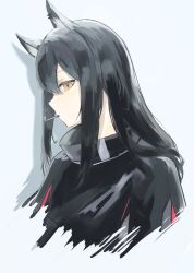 Rule 34 | 1girl, absurdres, animal ear fluff, animal ear piercing, animal ears, arknights, black capelet, black hair, capelet, cigarette, closed mouth, commentary, cropped torso, expressionless, from side, grey background, hair between eyes, hair flowing over, high collar, highres, long hair, looking to the side, mouth hold, orange eyes, piercing, profile, sideways glance, simple background, smoke, smoke trail, smoking, solo, standing, straight hair, texas (arknights), upper body, uryu (uryu0329), wolf ears, wolf girl