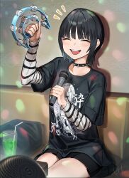 Rule 34 | 1girl, :d, absurdres, black shirt, black skirt, closed eyes, collar, cowboy shot, cup, douryou (buta5813), drinking glass, drinking straw, eyebrows hidden by hair, happy, highres, holding, holding microphone, instrument, karaoke, layered sleeves, lights, long sleeves, microphone, miniskirt, open mouth, original, shirt, short hair, short over long sleeves, short sleeves, sitting, skirt, smile, solo, spiked collar, spikes, tambourine, tetto (onnoveltet)