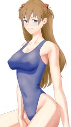 Rule 34 | 1girl, :3, ass, blue eyes, blue one-piece swimsuit, breasts, brown hair, cleavage, covered navel, curvy, facing viewer, hair between eyes, highleg, highleg swimsuit, highres, illust aqua, large breasts, long hair, looking at viewer, naughty face, neon genesis evangelion, one-piece swimsuit, seductive gaze, smile, solo, souryuu asuka langley, standing, standing on one leg, swimsuit, twintails, two side up, white background