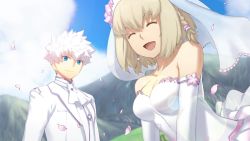 Rule 34 | 1boy, 1girl, :d, ^ ^, aoto (ar tonelico), ar tonelico, ar tonelico iii, bare shoulders, blonde hair, blue eyes, braid, breasts, bride, cherry blossoms, cleavage, closed eyes, closed mouth, cloud, collarbone, day, dress, dutch angle, elbow gloves, closed eyes, game cg, gloves, groom, lens flare, medium breasts, nagi ryou, open mouth, outdoors, petals, saki (ar tonelico), short hair, sky, sleeveless, sleeveless dress, smile, veil, wedding, wedding dress, white dress, white hair