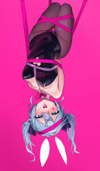 Rule 34 | 1girl, absurdres, animal ears, arms behind back, black leotard, black pantyhose, blue hair, bound, bow, bowtie, charles (106858), clothing cutout, detached collar, detached ears, fake animal ears, full body, groin, hair between eyes, hair ornament, hatsune miku, heart cutout, highleg, highleg leotard, highres, leotard, looking at viewer, pantyhose, pink background, pink bow, pink bowtie, pink ribbon, playboy bunny, rabbit ears, rabbit hole (vocaloid), restrained, ribbon, ribbon bondage, sidelocks, simple background, solo, stomach cutout, strapless, strapless leotard, teardrop facial mark, thigh gap, tongue, tongue out, twintails, upside-down, vocaloid, x hair ornament