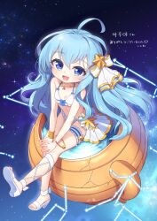 Rule 34 | 1girl, :d, ahoge, bikini, blue eyes, blue hair, bow, bracelet, breasts, bridal garter, capricorn (constellation), collarbone, commentary request, commission, constellation, frilled bikini, frills, full body, hair bow, hair ornament, heart, highres, jewelry, kokone (coconeeeco), long hair, looking at viewer, necklace, open mouth, original, sagittarius (constellation), signature, sitting, skeb commission, sky, small breasts, smile, solo, star (sky), star (symbol), star hair ornament, star necklace, starry sky, swimsuit, toes, v arms, white bikini, white bow, white footwear