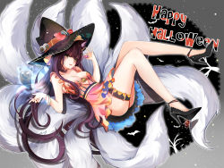 Rule 34 | 1girl, ahri (league of legends), alternate costume, animal ears, bat (animal), black hair, bracelet, breasts, chu (huaha1320), cleavage, dated, facial mark, food, fox ears, fox tail, halloween, hat, high heels, highres, jewelry, large breasts, league of legends, lipstick, long hair, makeup, multiple tails, nail polish, signature, solo, tail, whisker markings, witch hat, yellow eyes