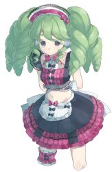 Rule 34 | 1girl, apron, arms behind back, bad id, bad twitter id, bikini, black bow, black skirt, bow, center frills, colored eyelashes, commentary request, cowboy shot, cropped legs, falulu, frilled skirt, frills, green hair, grey eyes, headphones, highres, idol clothes, inactive account, long hair, looking at viewer, maid, maid bikini, maid headdress, multicolored clothes, multicolored skirt, navel, pretty series, pripara, shiyurinpu, sidelocks, simple background, skirt, solo, standing, summer maid coord, swimsuit, twintails, unconventional maid, waist apron, white background