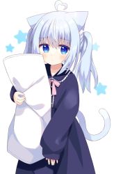 Rule 34 | 1girl, ahoge, animal ear fluff, animal ears, black dress, blue eyes, blue hair, blush, bow, cat ears, cat girl, cat tail, closed mouth, collared dress, commentary request, dress, hair between eyes, heart, heart ahoge, highres, long sleeves, looking at viewer, nakkar, hugging object, original, pillow, pillow hug, pink bow, puffy long sleeves, puffy sleeves, simple background, sleeves past wrists, solo, star (symbol), starry background, tail, twintails, white background