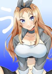 Rule 34 | 1girl, absurdres, blonde hair, blue background, blue eyes, breasts, cleavage, cropped jacket, gradient background, grey jacket, highres, jacket, kantai collection, large breasts, long hair, long sleeves, looking at viewer, midriff, navel, nelson (kancolle), official alternate costume, race queen, sitting, solo, toriniku senshi chikinman