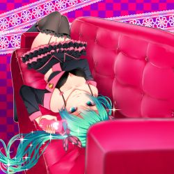 Rule 34 | 1girl, aqua eyes, aqua hair, asanome, bra, cellphone, checkered background, couch, garter straps, hatsune miku, highres, honey whip (module), lace, lace-trimmed legwear, lace trim, long hair, looking at viewer, lying, on back, phone, project diva (series), project diva f, skirt, solo, sweet devil (vocaloid), thighhighs, underwear, vocaloid