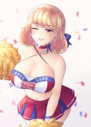 Rule 34 | 1girl, absurdres, alternate costume, azur lane, blonde hair, breasts, cheerleader, choker, cleavage, commentary, copyright name, cowboy shot, criss-cross halter, earrings, english commentary, halterneck, highres, holding, holding pom poms, huge breasts, jewelry, looking at viewer, mature female, medium hair, midriff, miniskirt, number print, one eye closed, pom pom (cheerleading), pom poms, prince of wales (azur lane), pumpkinpaii, purple skirt, red choker, red skirt, skindentation, skirt, smile, solo