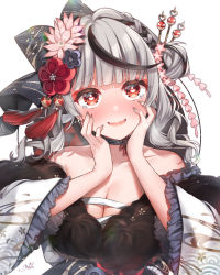 Rule 34 | 1girl, :o, absurdres, anzu 1026, bare shoulders, black hair, blush, braid, breasts, commentary request, flower, frilled sleeves, frills, fur-trimmed kimono, fur trim, hair bun, hair flower, hair ornament, hair stick, hands on own cheeks, hands on own face, heart, heart-shaped pupils, highres, hololive, japanese clothes, kimono, large breasts, long sleeves, looking at viewer, medium hair, multicolored hair, nail polish, parted lips, red eyes, sakamata chloe, sakamata chloe (new year), silver hair, simple background, single hair bun, smile, solo, streaked hair, symbol-shaped pupils, tearing up, upper body, virtual youtuber, white background