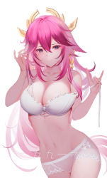 Rule 34 | 1girl, absurdres, animal ears, blush, bra, breasts, cleavage, closed mouth, collarbone, commentary request, cowboy shot, earrings, fox ears, fox shadow puppet, genshin impact, hair between eyes, hair ornament, hand in own hair, hands up, highres, jewelry, large breasts, long hair, looking at viewer, nail polish, navel, paid reward available, panties, pink hair, pink nails, pulled by self, purple eyes, rafael-m, simple background, solo, stomach, strap pull, underwear, yae miko
