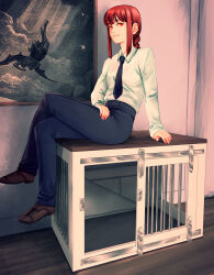 Rule 34 | 1girl, arm support, black pants, brown footwear, cage, chainsaw man, crossed legs, dress shirt, full body, hand on own thigh, highres, indoors, looking at viewer, makima (chainsaw man), necktie, painting (object), pants, red hair, reverse tension, ringed eyes, shirt, sitting, sitting on cage, smile, white shirt