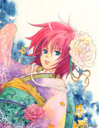 Rule 34 | blue eyes, chikican, flower, gensou suikoden, gensou suikoden v, hair flower, hair ornament, isabel, isabel (suikoden), japanese clothes, kankichi, kimono, lowres, red hair, short hair, solo