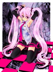 Rule 34 | 1girl, absurdres, alternate color, bad id, bad pixiv id, checkered floor, colorized, floor, ginta, hatsune miku, highres, long hair, minipoyo, murasawa kyara, necktie, perspective, pink hair, solo, thighhighs, twintails, vocaloid