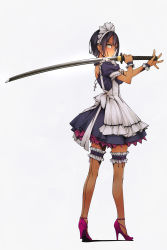 Rule 34 | 1girl, anklet, apron, back cutout, black hair, bridal garter, clothing cutout, cross, dark-skinned female, dark skin, eyelashes, fishnet thighhighs, fishnets, full body, high heels, highres, holding, holding sword, holding weapon, jewelry, katana, looking at viewer, looking back, maid, maid headdress, murakami suigun, original, pumps, shadow, short hair, shoulder blades, simple background, solo, standing, sword, thighhighs, weapon, wrist cuffs, yellow eyes