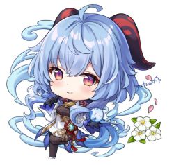 Rule 34 | 1girl, ahoge, bell, black bodysuit, black gloves, blue hair, blush, bodysuit, breasts, chibi, closed mouth, commentary, detached sleeves, dress, english commentary, flower, full body, ganyu (genshin impact), genshin impact, gloves, hair between eyes, hitsukuya, horns, long hair, long sleeves, medium breasts, orb, petals, red eyes, signature, simple background, sleeves past wrists, smile, solo, very long hair, white background, white dress, white flower, white footwear, white sleeves, wide sleeves