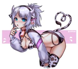 Rule 34 | 1girl, :o, absurdres, alternate hair color, animal print, bell, bent over, black choker, black hairband, blue eyes, blue nails, blush, breasts, bsapricot, chinese zodiac, choker, cleavage, commentary, cow horns, cow print, cow tail, cowbell, cropped jacket, english commentary, fake horns, fake tail, hairband, hand on own thigh, highres, horns, indie virtual youtuber, jacket, looking at viewer, medium breasts, melody (projektmelody), melody (projektmelody) (1st costume), nail polish, open mouth, solo, tag, tail, thighhighs, twitter username, virtual youtuber, vshojo, white jacket, year of the ox