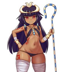 Rule 34 | 1girl, aged down, alternate breast size, bandaged leg, bandages, bare shoulders, black hair, black panties, blunt bangs, bracelet, breasts, commentary, cowboy shot, dark-skinned female, dark skin, egyptian, gluteal fold, groin, hair tubes, hand on own hip, highres, jewelry, long hair, looking at viewer, mole, mole on breast, mole on shoulder, mole under eye, monster girl encyclopedia, monster girl encyclopedia ii, nav (itsnav), navel, panties, parted lips, pharaoh (monster girl encyclopedia), red eyes, simple background, skindentation, small breasts, smile, solo, staff, stomach, tattoo, thick thighs, thighs, tiara, undead, underwear, very long hair, white background, wide hips, wrist wrap