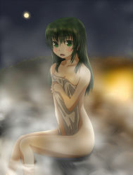 Rule 34 | 10s, 1girl, between legs, breasts, cleavage, collarbone, covering privates, eyebrows, green eyes, green hair, hair over shoulder, hand between legs, long hair, looking at viewer, matching hair/eyes, midorikawa nao, moon, naked towel, night, nude, nude cover, onsen, open mouth, outdoors, precure, ryuusama, sitting, small breasts, smile precure!, solo, steam, towel, wet, wet hair