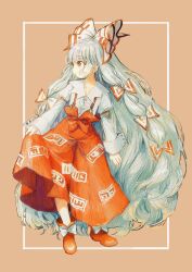 Rule 34 | 1girl, boots, bow, canariadraw, collarbone, collared shirt, commission, fujiwara no mokou, full body, grey hair, hair bow, highres, long hair, long sleeves, pants, parted lips, profile, red eyes, red footwear, red pants, shirt, skeb commission, sleeve garter, solo, suspenders, touhou, very long hair, white bow, white shirt