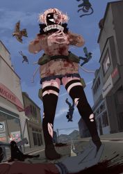 Rule 34 | 1girl, absurdres, animal, bird, black thighhighs, blonde hair, blood, blood on clothes, blood on face, blood splatter, blue skirt, blunt bangs, boku no hero academia, brown jacket, city, commentary request, corpse, day, double bun, falling, fingers together, from below, gloves, grin, hair bun, half mask, highres, hiwonoafu, injury, jacket, mask, messy hair, outdoors, own hands together, panasonic corporation, people, pleated skirt, puch, robe, scarf, short hair, skirt, smile, solo focus, spoilers, standing, thigh strap, thighhighs, toga himiko, torn clothes, torn legwear