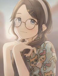 Rule 34 | 1girl, black hair, blue eyes, blurry, blurry background, blush, dot nose, hair ornament, hair over shoulder, hairband, hairclip, highres, idolmaster, idolmaster shiny colors, long hair, looking at viewer, mitsumine yuika, pachiko, playing with own hair, round eyewear, smile, solo, swept bangs, tareme, twintails, unmoving pattern, upper body, white hairband, white nails