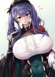 Rule 34 | 1girl, azur lane, beret, black cape, black dress, black hat, bra visible through clothes, breasts, cape, center frills, covered navel, dress, dutch angle, framed breasts, frills, gloves, green dress, hat, heart, highres, huge breasts, ibara azuki, italian flag, long hair, looking at viewer, pola (azur lane), purple eyes, purple hair, skindentation, solo, taut clothes, taut dress, two-tone cape, upper body, white gloves