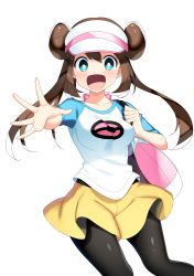 Rule 34 | 1girl, :d, absurdres, bad id, bad pixiv id, black pantyhose, blue eyes, blush, brown hair, collarbone, creatures (company), double bun, floating hair, game freak, hair between eyes, hair bun, hat, highres, long hair, looking at viewer, miniskirt, nintendo, open mouth, outstretched arm, pantyhose, pokemon, pokemon bw2, print shirt, rosa (pokemon), shirt, short sleeves, simple background, skirt, smile, solo, standing, very long hair, visor cap, white background, white hat, white shirt, yellow skirt, yuihico