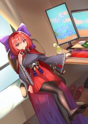 Rule 34 | 1girl, absurdres, adapted costume, black kimono, black pantyhose, blush, bow, breasts, cloak, closed mouth, commentary request, curtains, dutch angle, feet, hair bow, highres, indoors, japanese clothes, kimono, long sleeves, looking at viewer, monitor, pantyhose, purple bow, qinyuzhen, red eyes, red hair, red skirt, sekibanki, sekibanki day, skirt, slippers, soles, solo, toes, touhou, wide sleeves, window