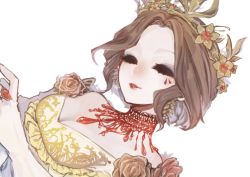 1girl black_eyes breasts brown_hair closed_mouth crown dress dutch_angle earrings flower gem gloves head_tilt identity_v jewelry leaf legendofbaggage makeup mary_(identity_v) necklace no_pupils official_alternate_costume ring rose short_hair solo white_background white_gloves