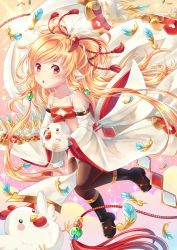 Rule 34 | 1girl, :o, animal, animal ears, bandeau, bare shoulders, bird, black footwear, blonde hair, blush, boots, brown thighhighs, chicken, collarbone, commentary, detached sleeves, feathers, granblue fantasy, hair ornament, harvin, holding, holding animal, long hair, long sleeves, looking at viewer, mahira (granblue fantasy), parted lips, red bandeau, red eyes, solo, thighhighs, thighhighs under boots, very long hair, villyane, wide sleeves