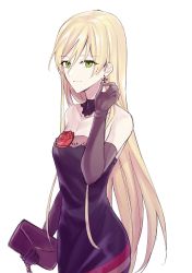 Rule 34 | 1girl, absurdres, bad id, bad pixiv id, bag, bare shoulders, black gloves, blonde hair, breasts, closed mouth, collarbone, cross, cross earrings, dress, dress flower, earrings, elbow gloves, feet out of frame, girls&#039; frontline, gloves, green eyes, highres, holding, holding bag, holding ear, jewelry, long hair, looking at viewer, purple dress, small breasts, smile, solo, standing, stg44 (girls&#039; frontline), suprii, white background