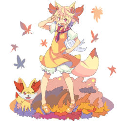 Rule 34 | 1girl, animal ears, autumn leaves, bad id, bad pixiv id, blonde hair, bloomers, clenched hand, creatures (company), fennekin, fox ears, full body, game freak, gen 6 pokemon, hand on own hip, icywood, mary janes, nintendo, one eye closed, open mouth, orange footwear, outdoors, personification, pokemon, pokemon (creature), red eyes, shoes, standing, tail, underwear, v, white bloomers