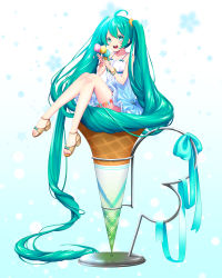 Rule 34 | 1girl, :d, absurdly long hair, absurdres, aqua eyes, aqua hair, bracelet, dress, flower, food, hatsune miku, highres, ice cream, ice cream cone, in food, jewelry, long hair, looking at viewer, mini person, minigirl, open mouth, sandals, smile, solo, twintails, very long hair, vocaloid, white dress, yoridoriyk