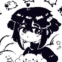 Rule 34 | 1girl, :3, ahoge, beads, blush, closed mouth, counting sheep, doll, greyscale, hair beads, hair between eyes, hair ornament, holding, holding doll, looking at viewer, minimilieu, monochrome, original, pixel art, shirt, short hair, simple background, solo, star (symbol), thick eyebrows, turtleneck, white background