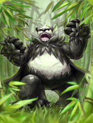 Rule 34 | 10s, bear, clenched hand, creatures (company), eye trail, game freak, gen 6 pokemon, glowing, glowing eyes, highres, light trail, nintendo, no humans, open mouth, panda, pangoro, pokemon, pokemon (creature), pokemon xy, red eyes, sharp teeth, solo, teeth, tongue, uvula