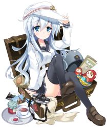 Rule 34 | 1girl, belt, black sailor collar, black skirt, black thighhighs, blue eyes, camera, commentary request, cup, flat cap, full body, hammer and sickle, hat, hibiki (kancolle), highres, hizuki yayoi, jam, jar, kantai collection, long hair, long sleeves, looking at viewer, map (object), matryoshka doll, photo (object), pleated skirt, sailor collar, saucer, school uniform, serafuku, silver hair, simple background, skirt, smile, solo, suitcase, teacup, thighhighs, verniy (kancolle), white background, white hat