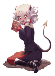 Rule 34 | 1girl, ^^^, absurdres, black footwear, black jacket, black skirt, blush, book, boots, breasts, bright pupils, demon girl, demon horns, demon tail, english text, formal, from side, full body, helltaker, high heel boots, high heels, highres, holding, holding book, horns, jacket, knee boots, kyota07, long sleeves, looking at viewer, looking to the side, medium breasts, miniskirt, modeus (helltaker), open mouth, pantyhose, pencil skirt, red eyes, red pantyhose, red sweater, short hair, side slit, silver hair, simple background, sitting, skirt, skirt suit, sleeves past wrists, solo, suit, surprised, sweat, sweater, tail, turtleneck, turtleneck sweater, white background, wide-eyed, yokozuwari