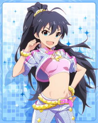 Rule 34 | &gt;:d, 10s, 1girl, :d, aqua eyes, belt, black hair, bracelet, fang, female focus, ganaha hibiki, hand on own hip, idolmaster, idolmaster (classic), idolmaster million live!, jewelry, kawakami tetsuya, long hair, looking at viewer, lots of jewelry, midriff, navel, official art, open mouth, pointing, pointing at self, ponytail, smile, solo, v-shaped eyebrows