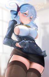 Rule 34 | 1girl, absurdres, ako (blue archive), black hairband, black skirt, black thighhighs, blue archive, blue eyes, blue hair, blue halo, blue jacket, blush, breasts, closed mouth, cowboy shot, fh moya, from below, hair between eyes, hairband, halo, highres, jacket, large breasts, long hair, long sleeves, panties, shirt, sideboob, signature, skirt, solo, thighhighs, underwear, white panties, white shirt
