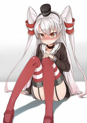 Rule 34 | 10s, 1girl, 3.14, amatsukaze (kancolle), blush, brown eyes, closed mouth, crying, crying with eyes open, dress, garter straps, hair tubes, hat, kantai collection, knees up, legs, long hair, long sleeves, mini hat, nose blush, red thighhighs, sailor dress, shadow, sitting, solo, striped clothes, striped thighhighs, tearing up, tears, thighhighs, thighs, two side up, very long hair