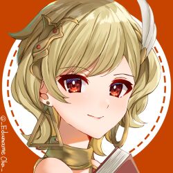 Rule 34 | 1girl, blonde hair, choker, citrinne (fire emblem), closed mouth, earrings, edamameoka, feather hair ornament, feathers, fire emblem, fire emblem engage, gold choker, hair ornament, highres, hoop earrings, jewelry, light smile, looking at viewer, nintendo, portrait, red eyes, short hair, simple background, solo