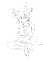 Rule 34 | 10s, 1girl, boots, breast hold, breasts, chibi, crossed arms, eyepatch, closed eyes, feet together, female focus, full body, greyscale, hair between eyes, headgear, highres, indian style, kantai collection, knees apart feet together, large breasts, long sleeves, monochrome, necktie, niwatazumi, pleated skirt, short hair, sitting, sketch, skirt, solo, sweater, tenryuu (kancolle), thighhighs, white background